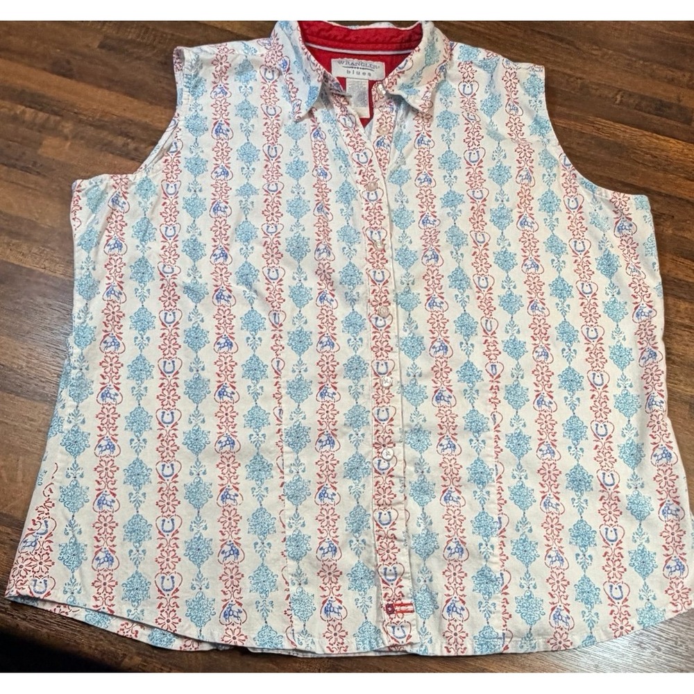 Vintage Wrangler Blues sleeveless western button up shirt. Size XXL.  Horses